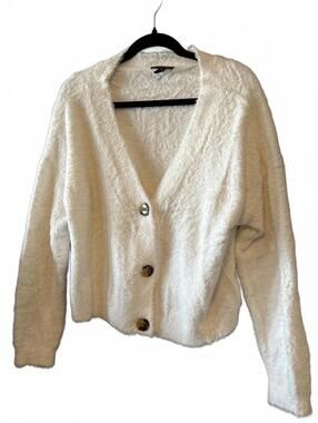 Tribal White Fuzzy Button-Up Cardigan Sweater Size G/L